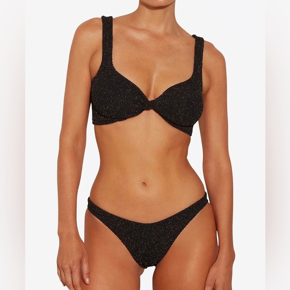 New Hunza G Juno Bikini Set Black & Gold Knotted Crinkle One Size Stretchy Swim - Picture 1 of 13